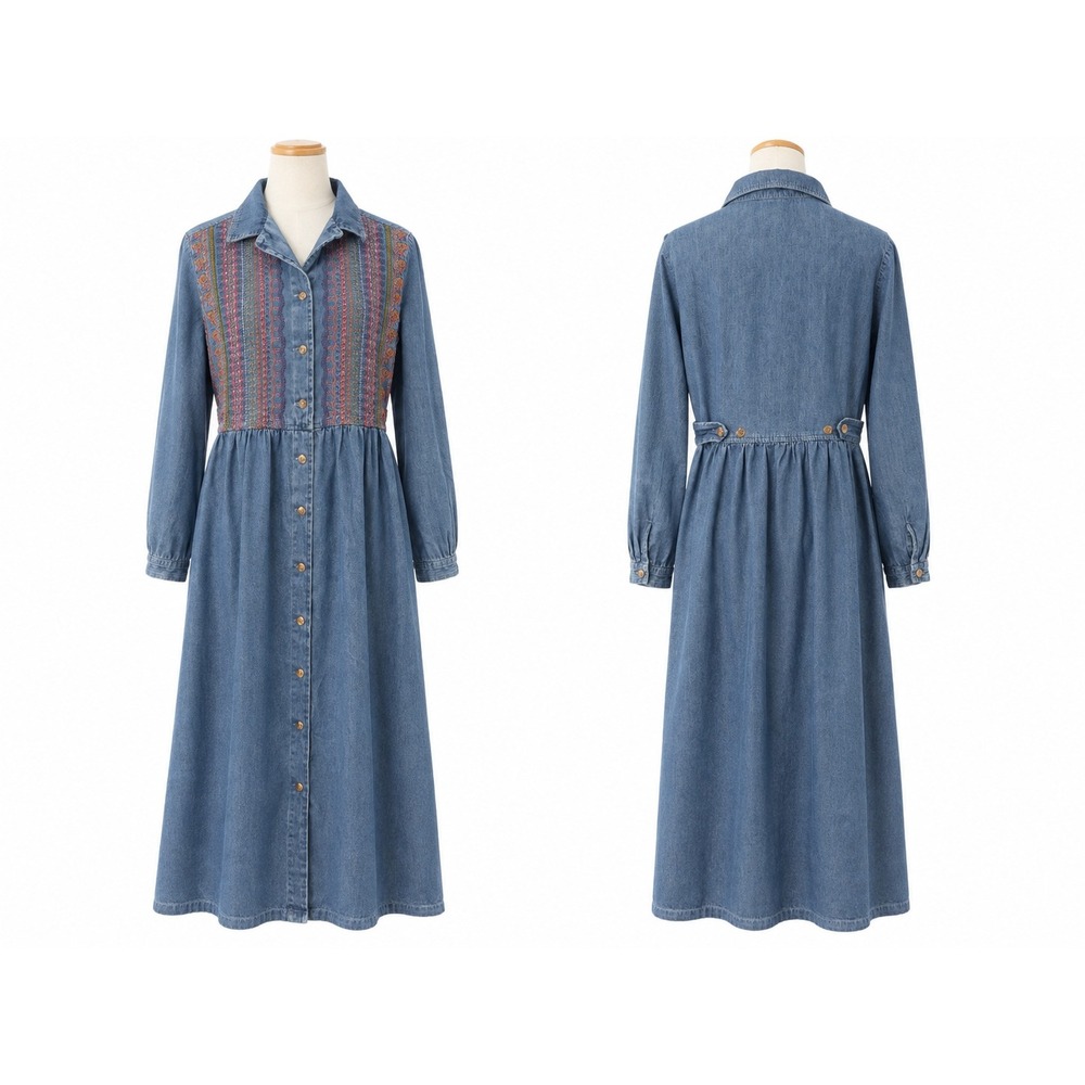 Vintage Stonebridge Denim Maxi Dress 14 Embroidered Boho Western Pockets